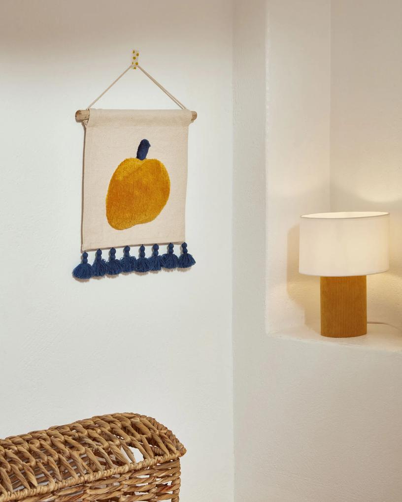 Kave Home - Arazzo da parete Amarantha 100% cotone bianco con mela arancione e nappe blu 30 x 30 cm