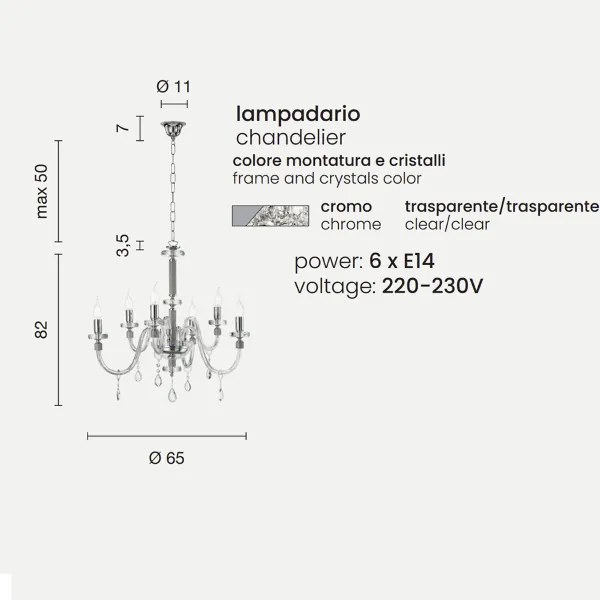 Lampada a sospensione DIDO D65 cm in vetro trasparente lavorato a mano 6 LUCI CROMO
