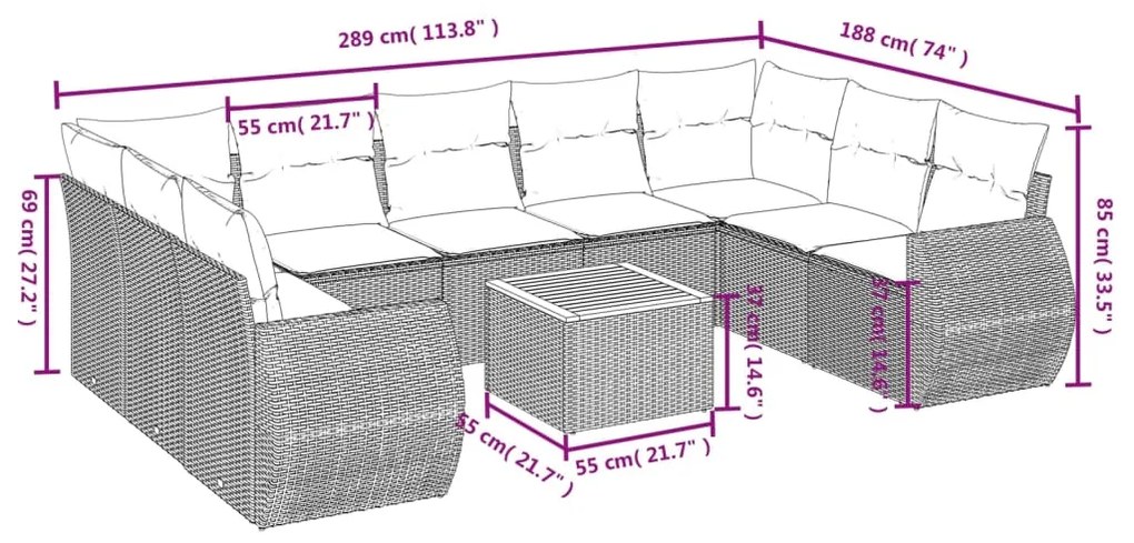 Set divano da giardino 10 pz con cuscini grigio in polyrattan