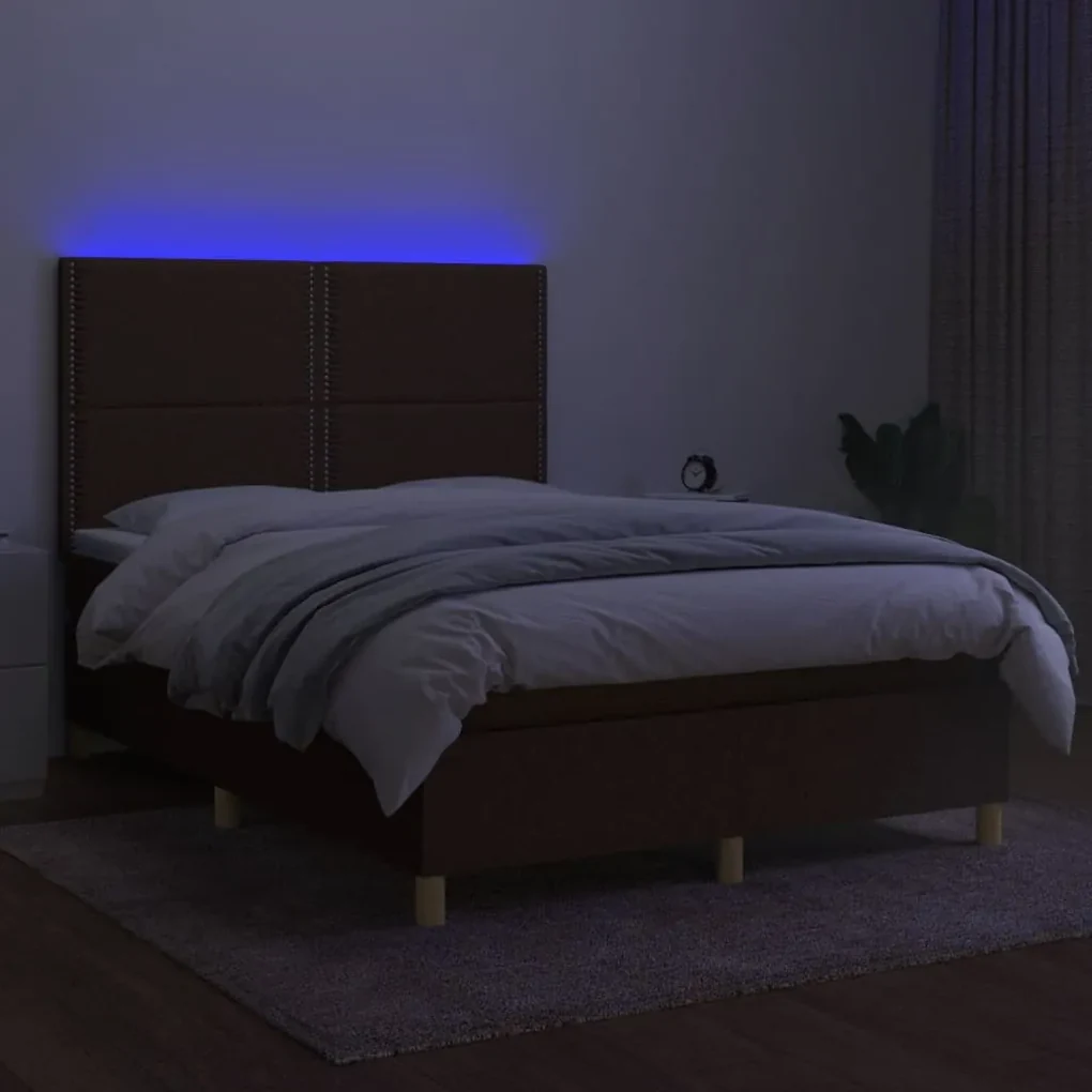 Letto a molle materasso e led marrone scuro 140x200 cm tessuto