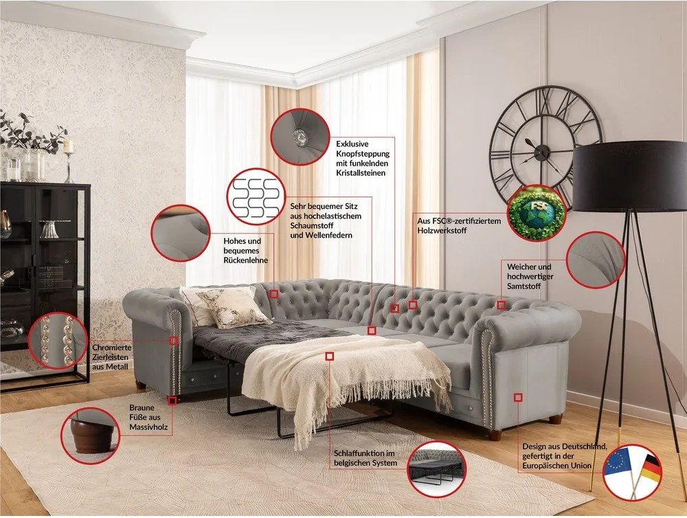 Divano angolare grigio allungabile (con penisola a sinistra/a L) con rivestimento in velluto York Blik – Ropez