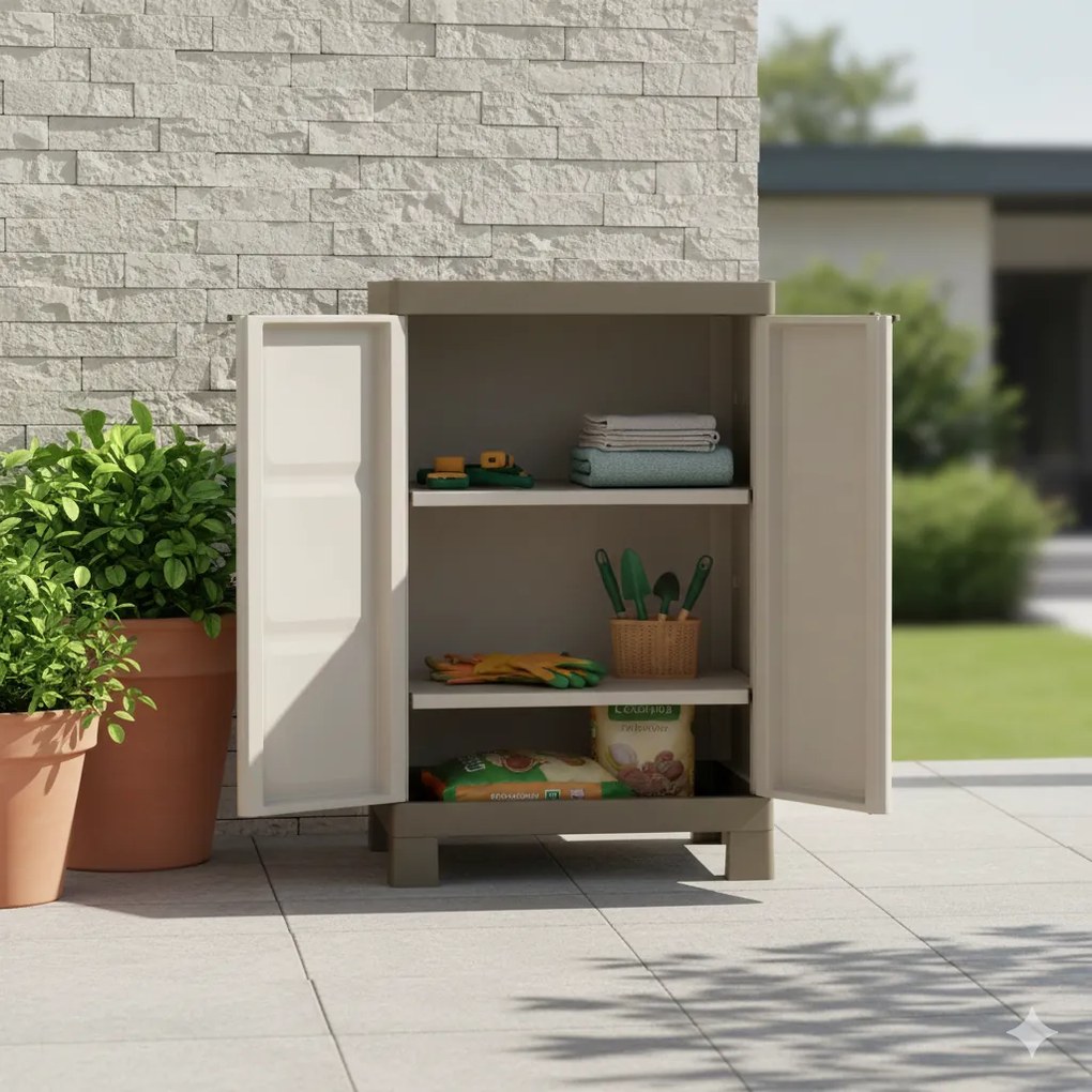 Armadio da Esterno 2 Ripiani 65x45x97H cm in Plastica Keter Excellence Basso Beige/Tortora...