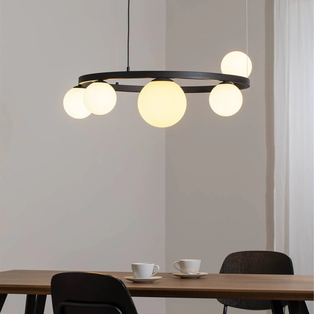 ALDEX Lampada a sospensione Garda 5, anello, metallo, vetro, a 5 luci, nero