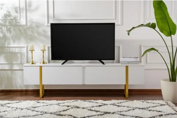 Mobile TV Da Terra 180 Cm A 2 Ante Bianco E Piedini Oro Serena