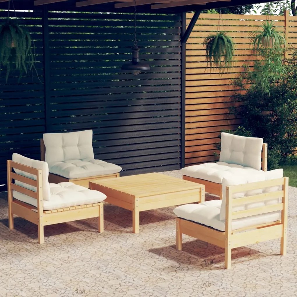 Set divani da giardino 5 pz con cuscini crema in massello di pino