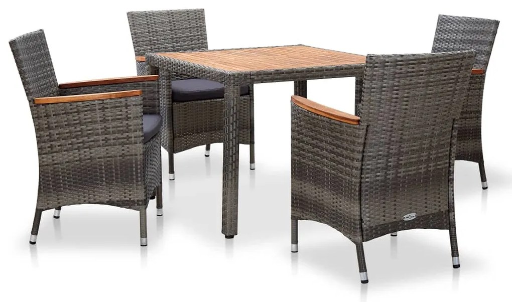 Set da pranzo da giardino 5 pz con cuscini in polyrattan grigio