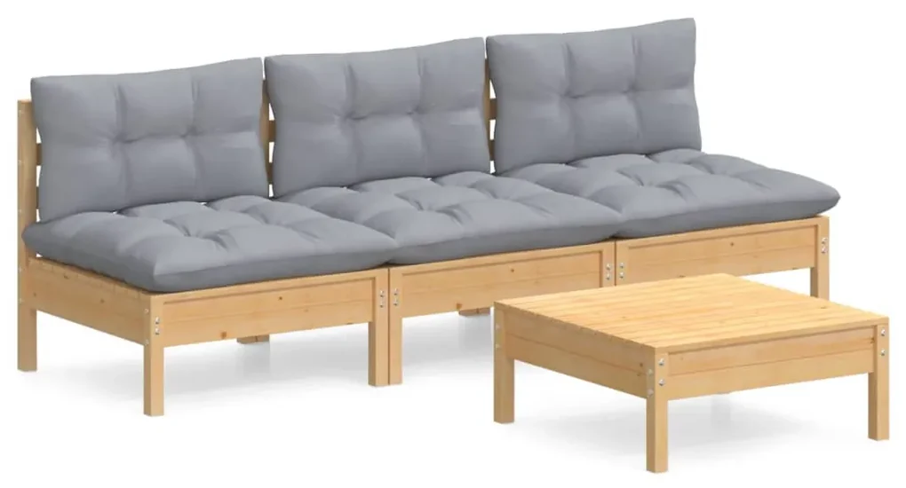 Set divani da giardino 4 pz con cuscini grigi massello di pino