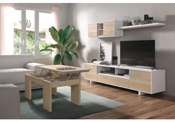 Parete Attrezzata Soggiorno Con Mobile TV E Pensili Design Moderno Rovere E Bianco