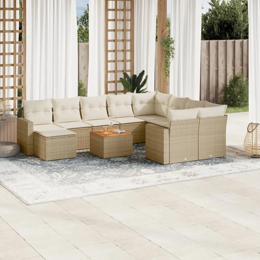 Set Divani da Giardino 11 pz con Cuscini Beige in Polyrattan