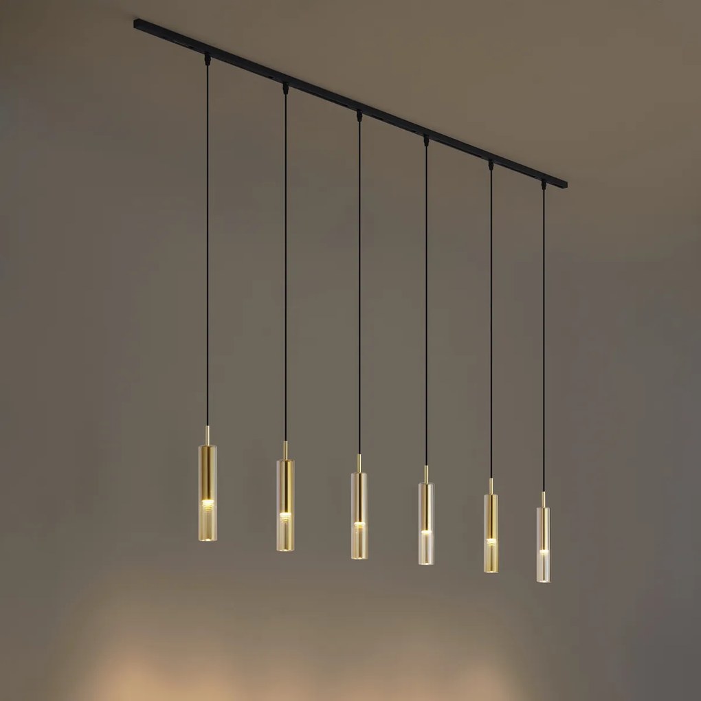 Sistema di illuminazione a binario moderno nero con 6 luci a sospensione oro con vetro ambrato monofase - Slimline Loyce