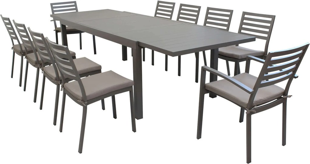 DEXTER - set tavolo in alluminio cm 200/300 x 100 x 74 h con 8 sedie e 2 poltrone Dexter