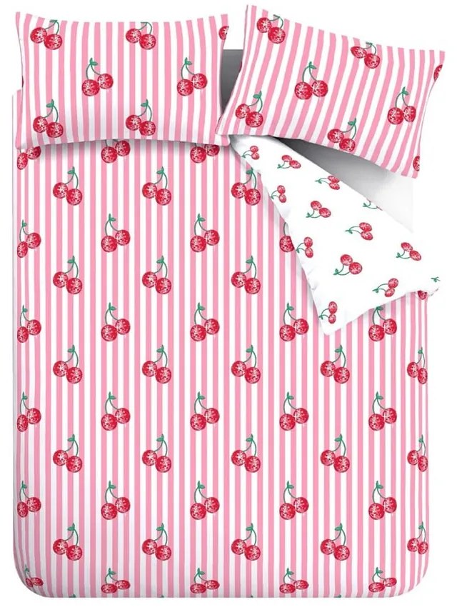 Set copripiumino e federa bianco e rosa per letto matrimoniale e per letto esteso 230x220 cm Disco Cherries Stripes – Catherine Lansfield