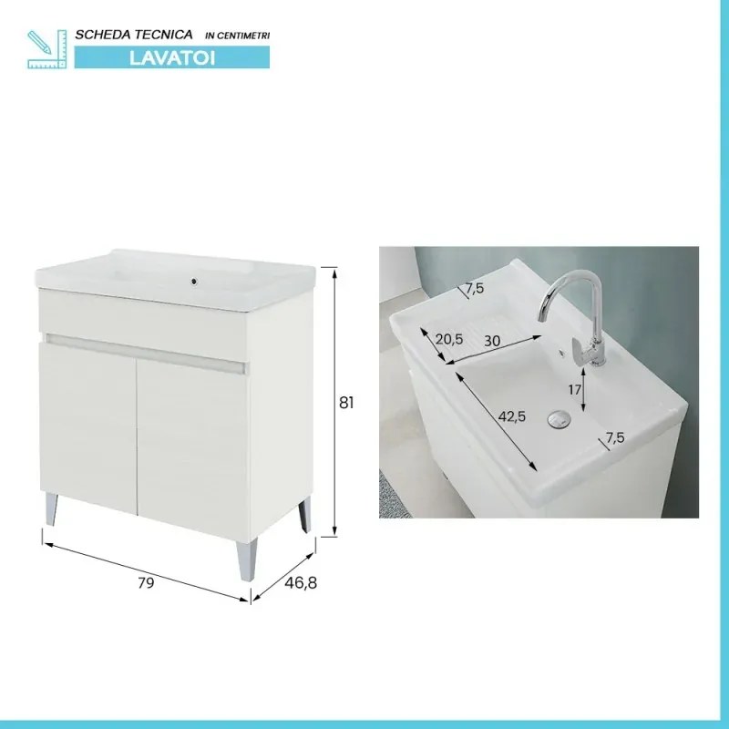 Mobile lavatoio 79x46,8 cm bianco frassinato con vasca in ceramica bianca
