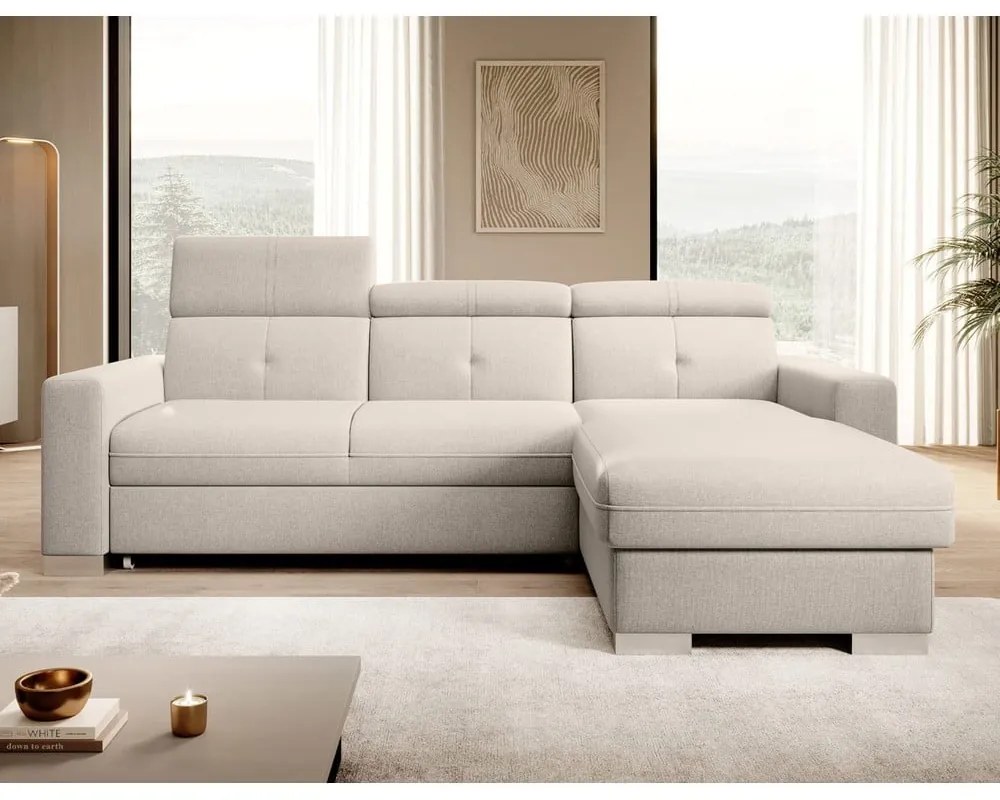 Divano angolare beige allungabile/con contenitore (con penisola a destra/con chaise lounge) Fresia – ELTAP