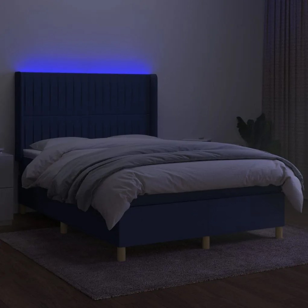 Letto a molle con materasso e led blu 140x190 cm in tessuto