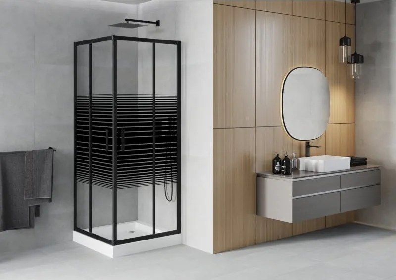 Mexen Rio cabina doccia quadrata 80 x 80 cm, fasce nere, nero + piatto doccia, bianco - 860-080-080-70-20-4510