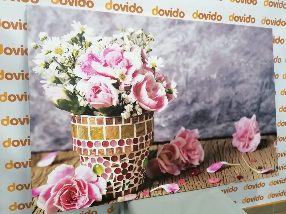 Quadro su tela – Fiori di garofano in vaso a mosaico