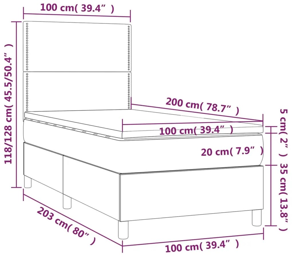 Letto a Molle con Materasso e LED Crema 100x200cm in Tessuto