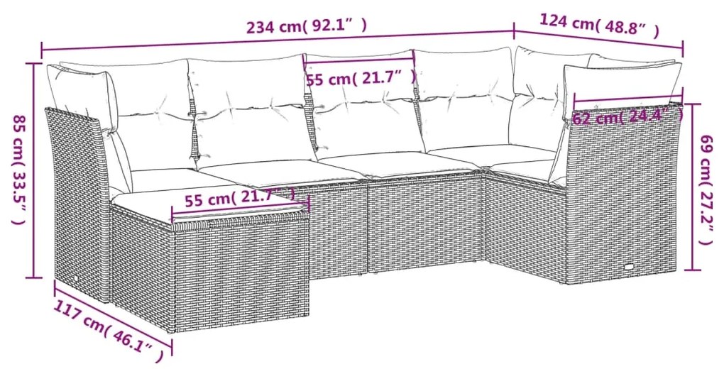 Set divano da giardino 6 pz con cuscini grigio in polyrattan