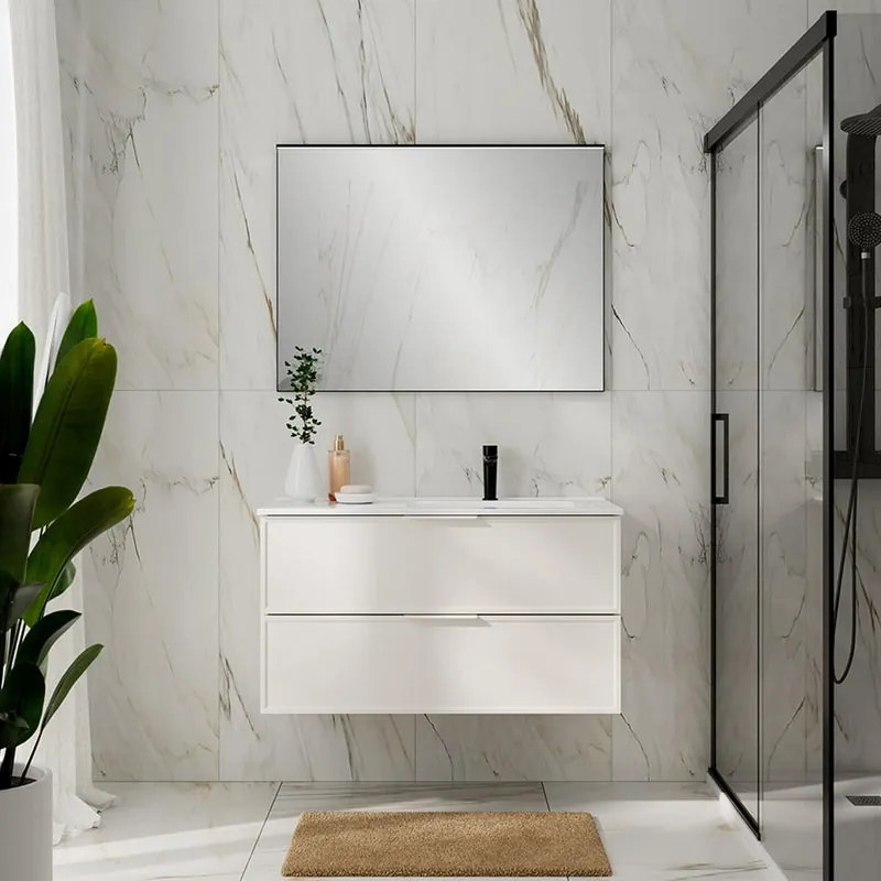 Mobile bagno da fissare con lavabo L 100 x H 55 x P 45 cm bianco opaco in mdf 2 cassetti per vasca a destra QUADRA