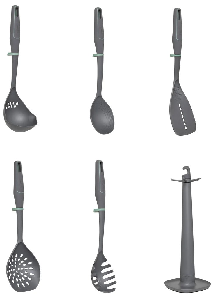 Set 5 utensili cucina grigi con supporto