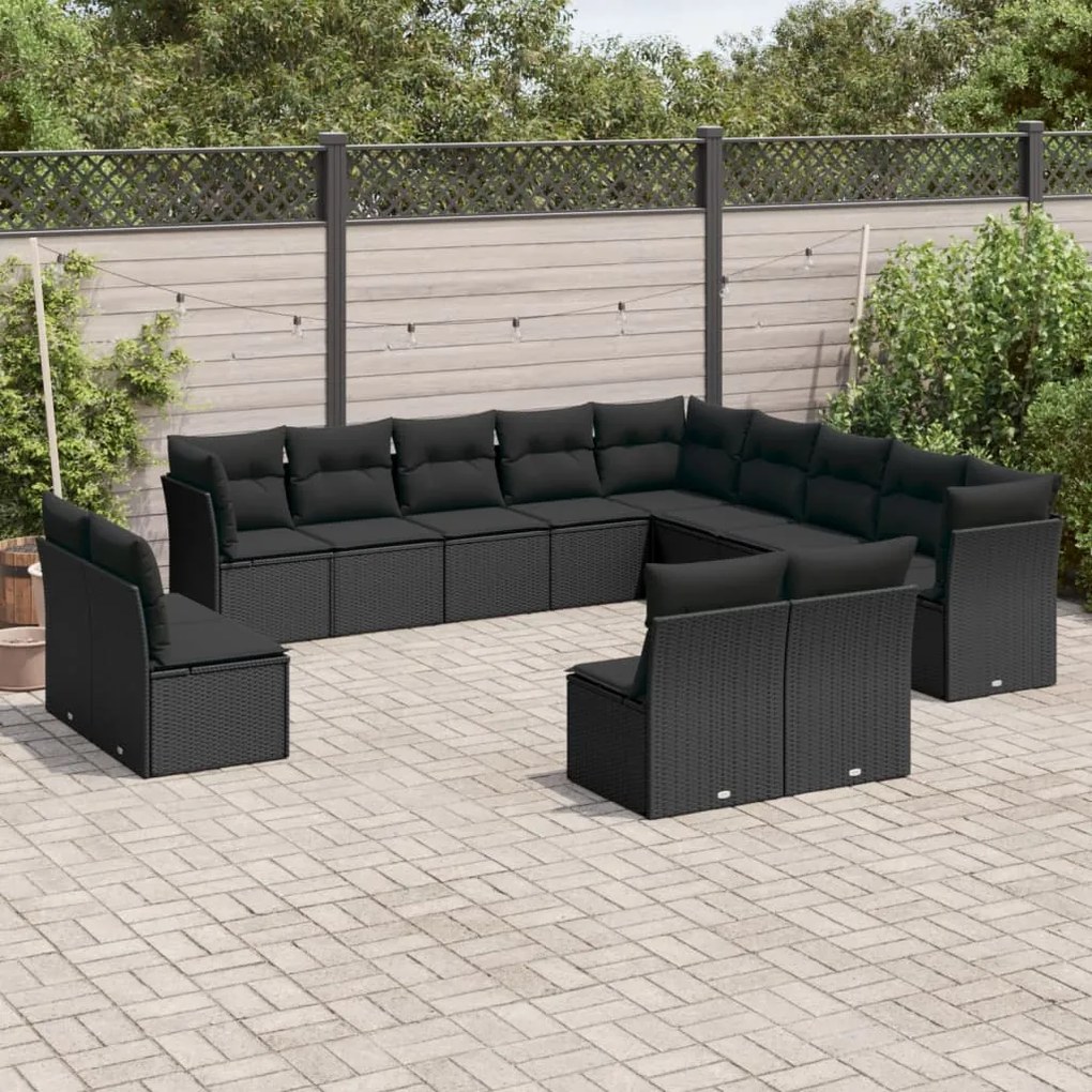 Set divani da giardino 13pz con cuscini nero in polyrattan