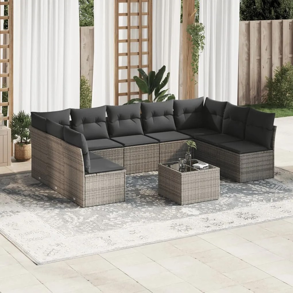 Set divano da giardino 10 pz con cuscini grigio in polyrattan