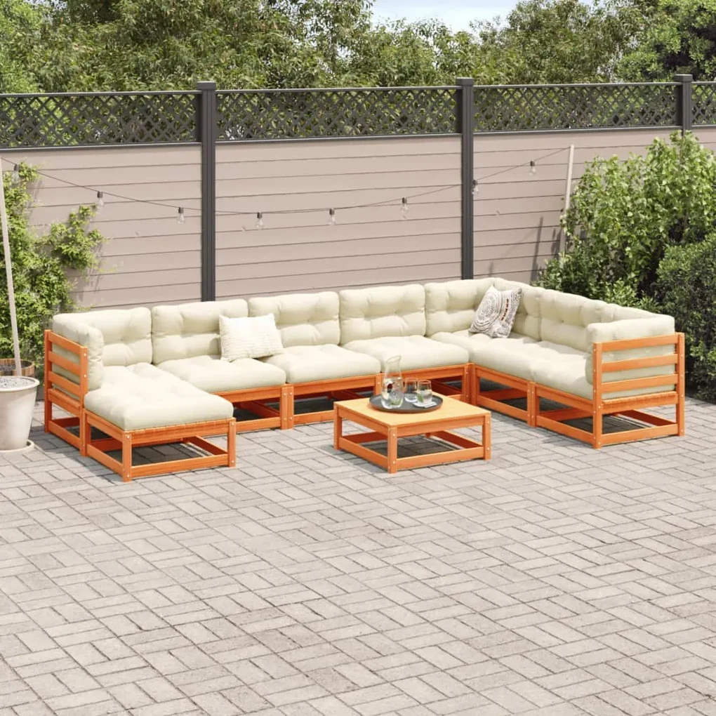 Set divani giardino 9 pz con cuscini marrone cera massello pino