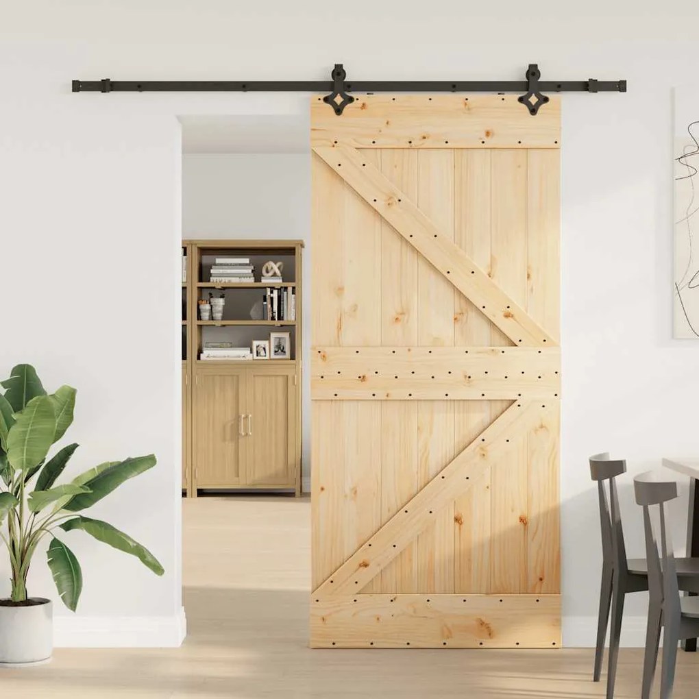 Porta Scorrevole Con Set Hardware 90x210 Cm Legno Massello Pino /