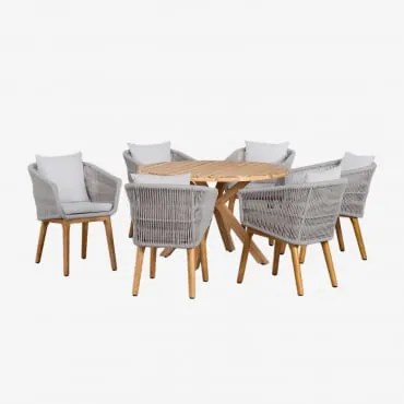 Set Composto Da Tavolo Rotondo In Legno (ø120 Cm) Naele E 6 Sedie Da Giardino Barker Grigio Ghiaccio - Sklum