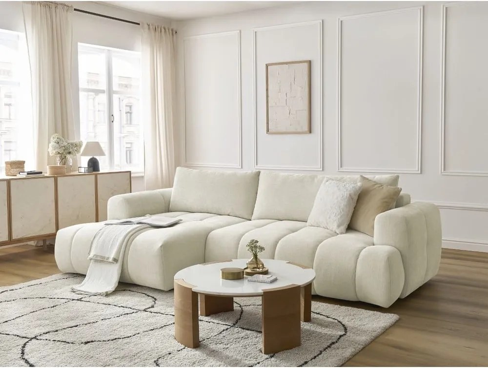 Divano angolare beige allungabile e con contenitore (penisola a sinistra/chaise lounge) Fuji – Bobochic Paris