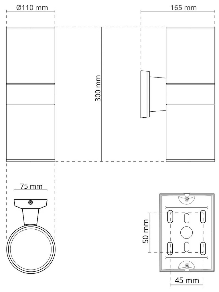 Applique Cilindrica Bidirezionale XL IP54 Con 2 basi E27 - Grigia
