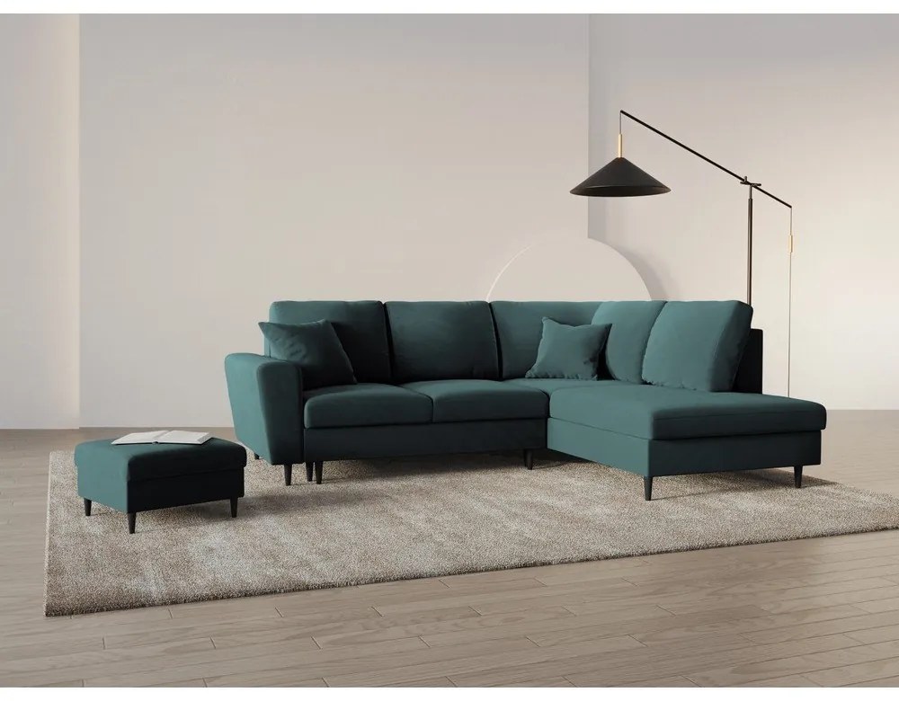 Divano angolare color petrolio allungabile e con contenitore (con penisola a destra/a L) con rivestimento in velluto Kyoto – Cosmopolitan Design