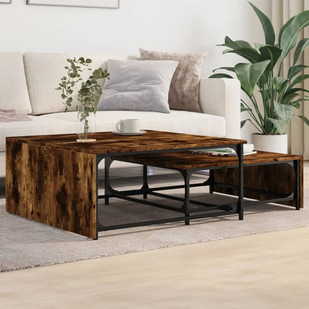 Tavolini Impilabili 2pz Rovere Fumo Legno Multistrato E Metallo /