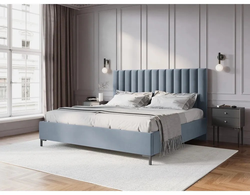 Letto matrimoniale imbottito blu chiaro con contenitore con griglia 160x200 cm Casey - Mazzini Beds