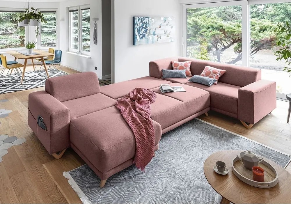 Divano angolare rosa allungabile e con contenitore (penisola a destra/a U) Classy Sophie – Miuform