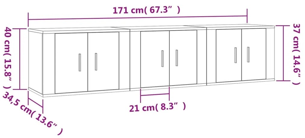 Mobili Porta TV a Parete 3 pz Rovere Fumo 57x34,5x40 cm