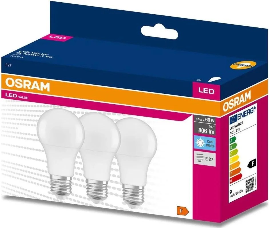 Set da 3 lampadine LED A60 E27/8,5W/230V 6500K - Osram