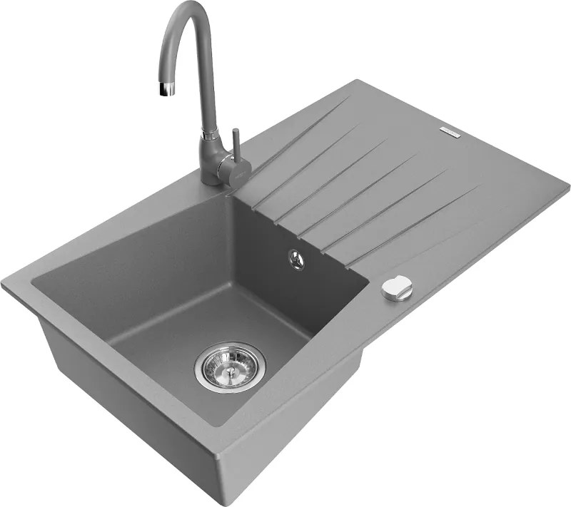 Mexen Cesar lavello da cucina in granito a 1 vasca con sgocciolatoio e rubinetto Telma, grigio - 6514-71-670200-71