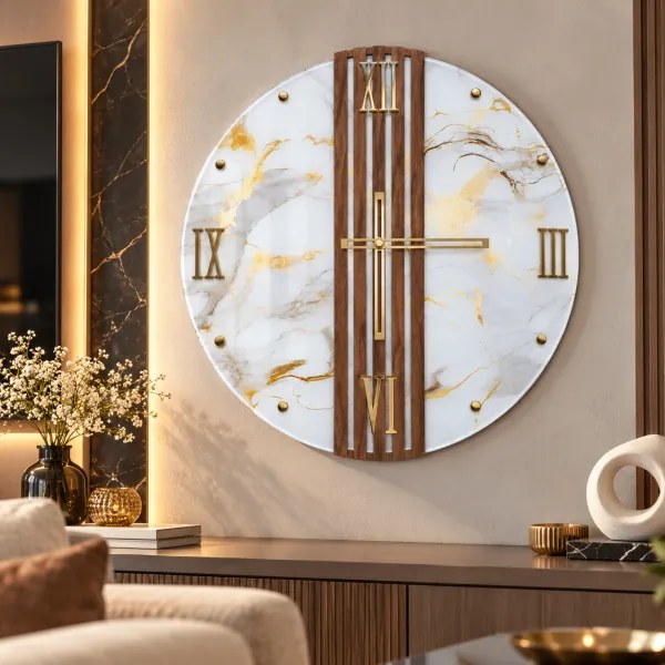 Orologio tondo Parete 65 cm Vetro Effetto Marmo e Doghe Noce