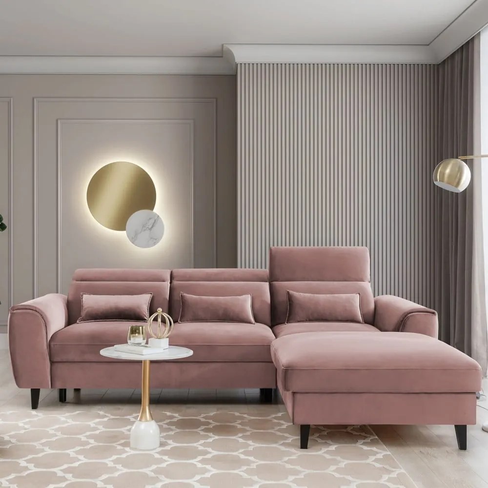 Divano angolare rosa allungabile/con contenitore (con penisola a destra/con chaise lounge) e rivestimento in velluto Foble – ELTAP