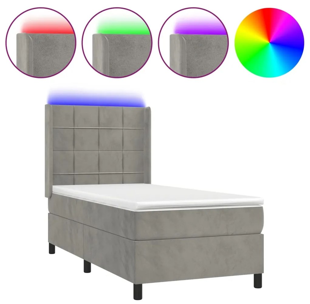 Letto a molle materasso e led grigio chiaro 90x190 cm velluto