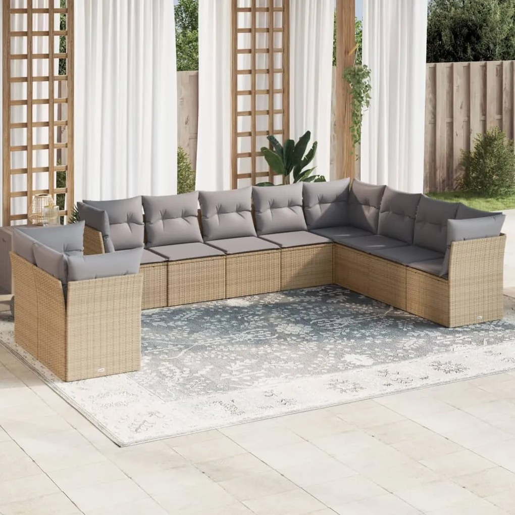 Set Divano da Giardino 10 pz con Cuscini Beige in Polyrattan