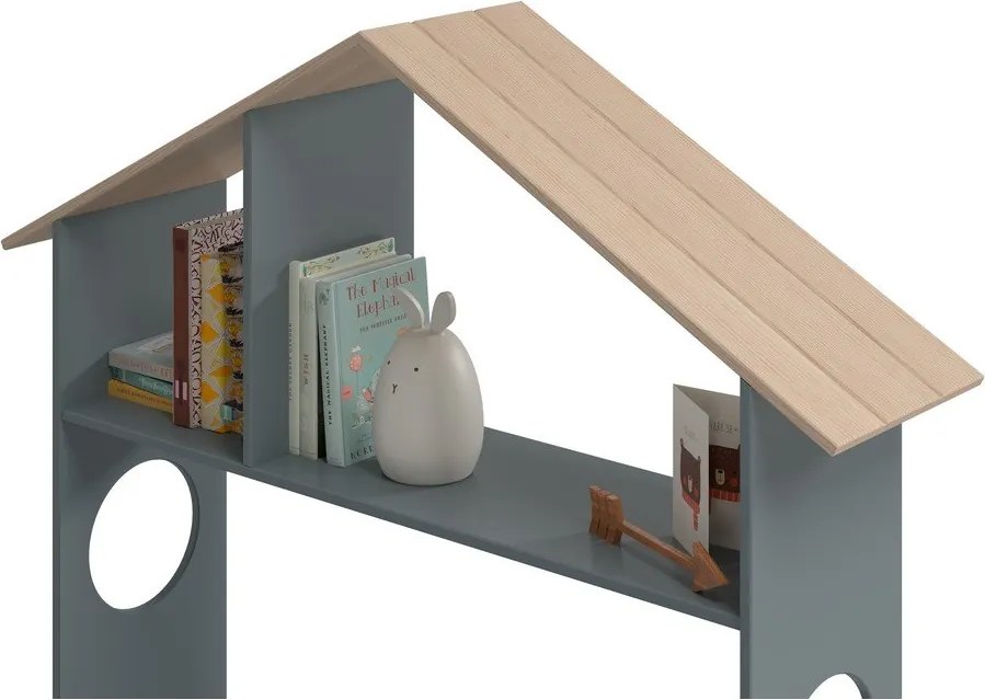 Letto da bambini a forma di casa di colore naturale/verde polveroso con effetto pino con contenitore con rete inclusa 90x190 cm Odessa – Marckeric