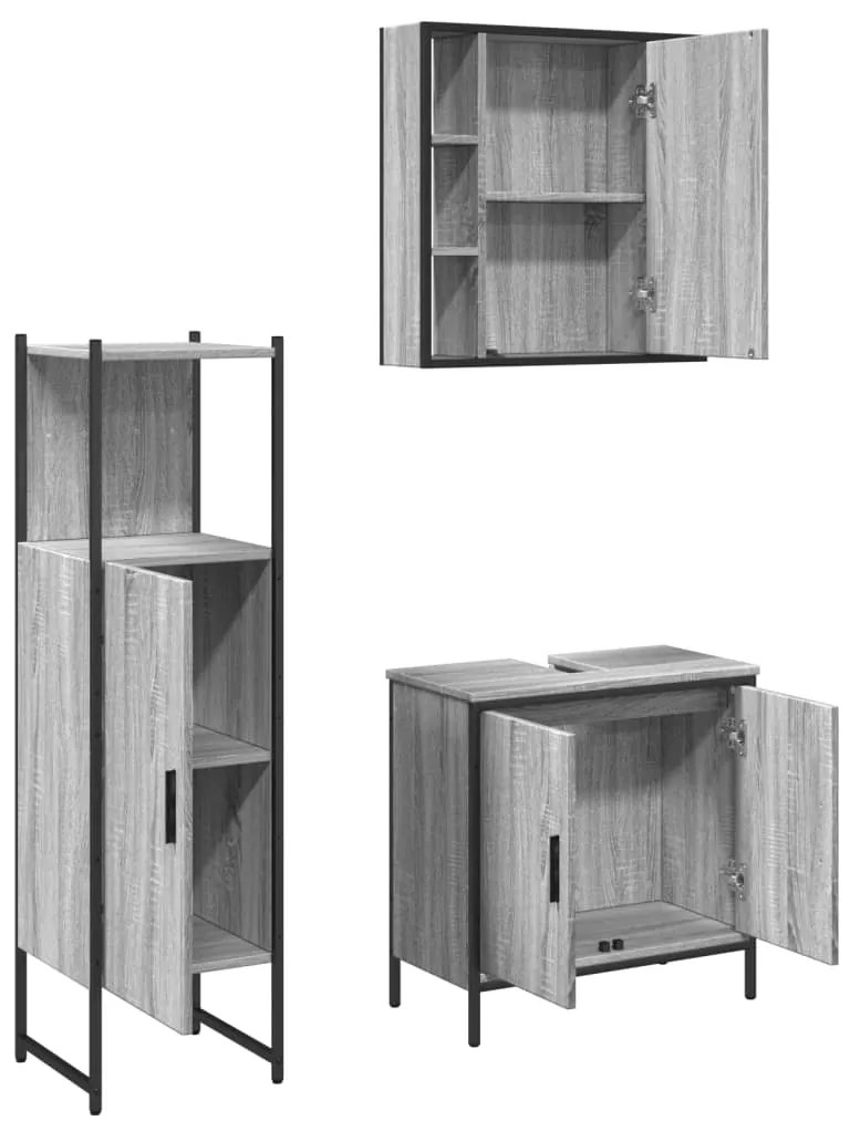 Set mobili da bagno 3 pz grigio sonoma in legno multistrato