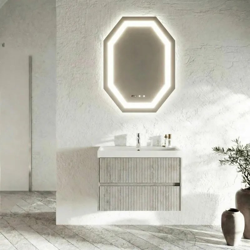 Base sospesa Portofino 80 cm con lavabo e 2 cassetti, grigio antico cannettato