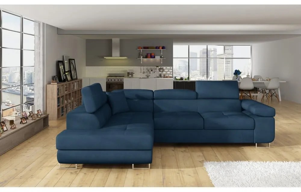 Divano angolare blu allungabile/con contenitore (con penisola a sinistra/a L) e rivestimento in velluto Anton – ELTAP