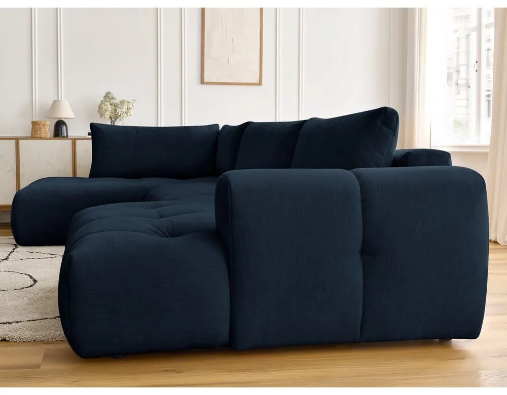 Divano angolare blu scuro allungabile e con contenitore (penisola a sinistra/a U) con rivestimento in ciniglia Fuji – Bobochic Paris