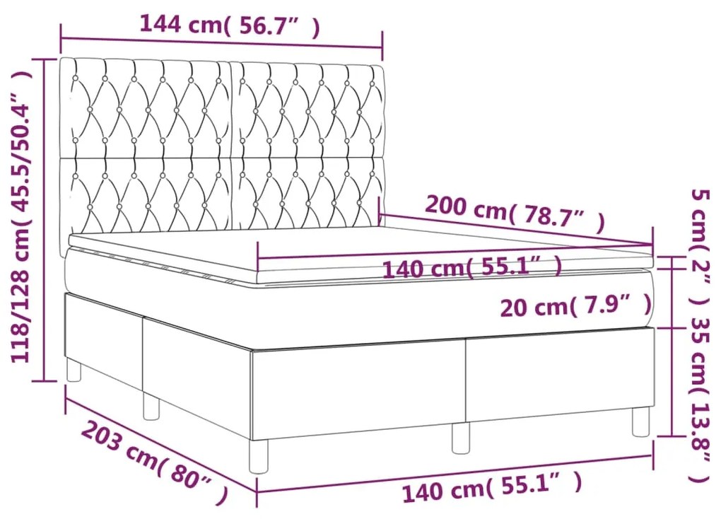 Letto a Molle con Materasso e LED Blu 140x200 cm in Tessuto