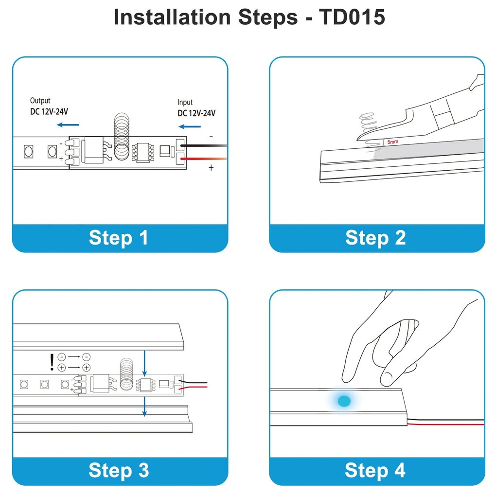 Interruttore LED Dimmer Touch Da Incasso CCT con Memoria 0V e Cambio della Temperatura Colore Tensione di Ingresso 12V-24V DC Tensione di Uscita 12V-24V DC Altezza della Molla 20mm